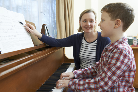 Boy With Music Teacher Having Lesson At Piano